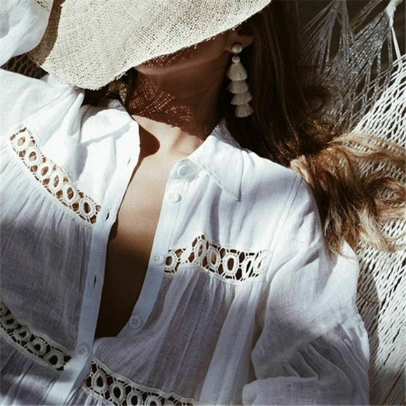 Bohemian White Cotton Button Up Tunic  Top Blouse - Picture 2 of 7